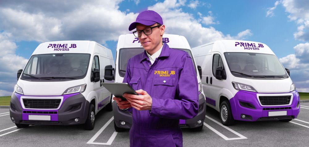 Delivery worker holding a tablet in front of three white and purple vans under a blue sky.