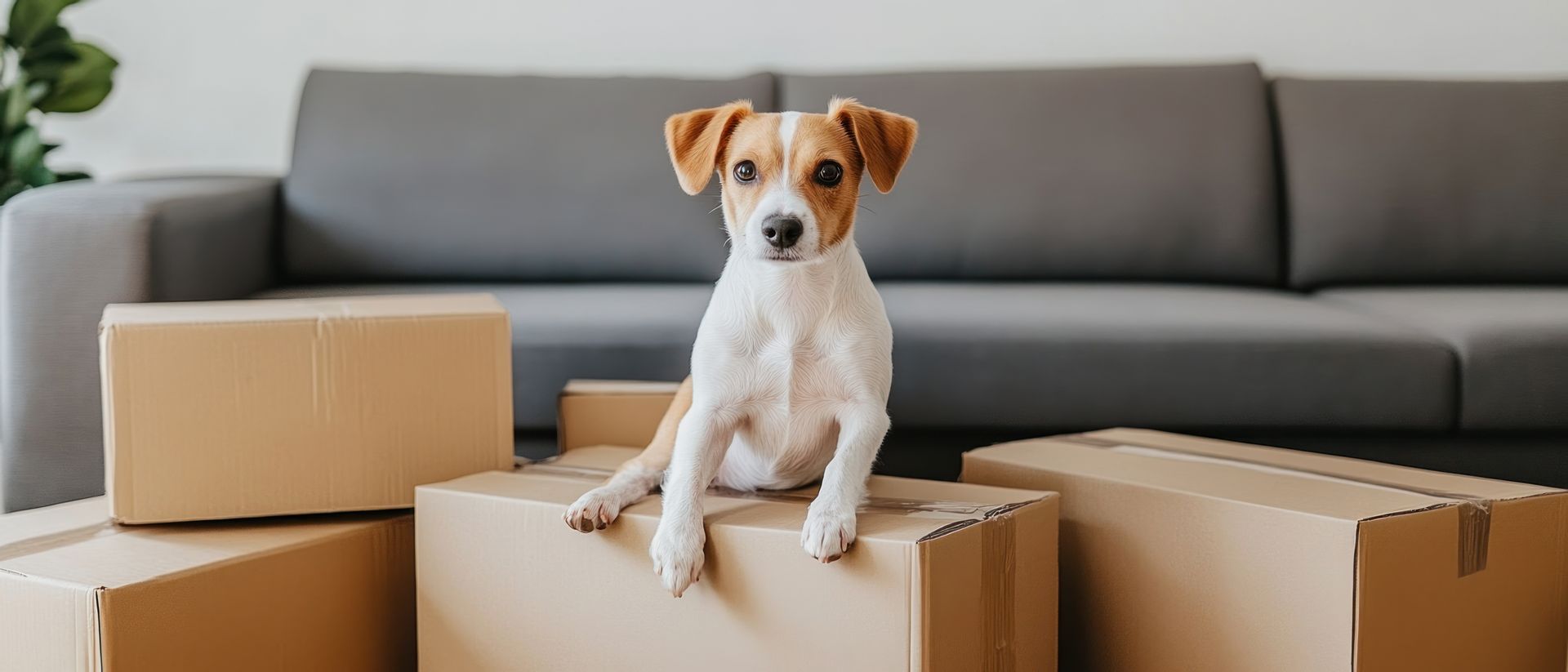 Dog sitting on cardboard boxes in front of a gray couch, possibly moving.