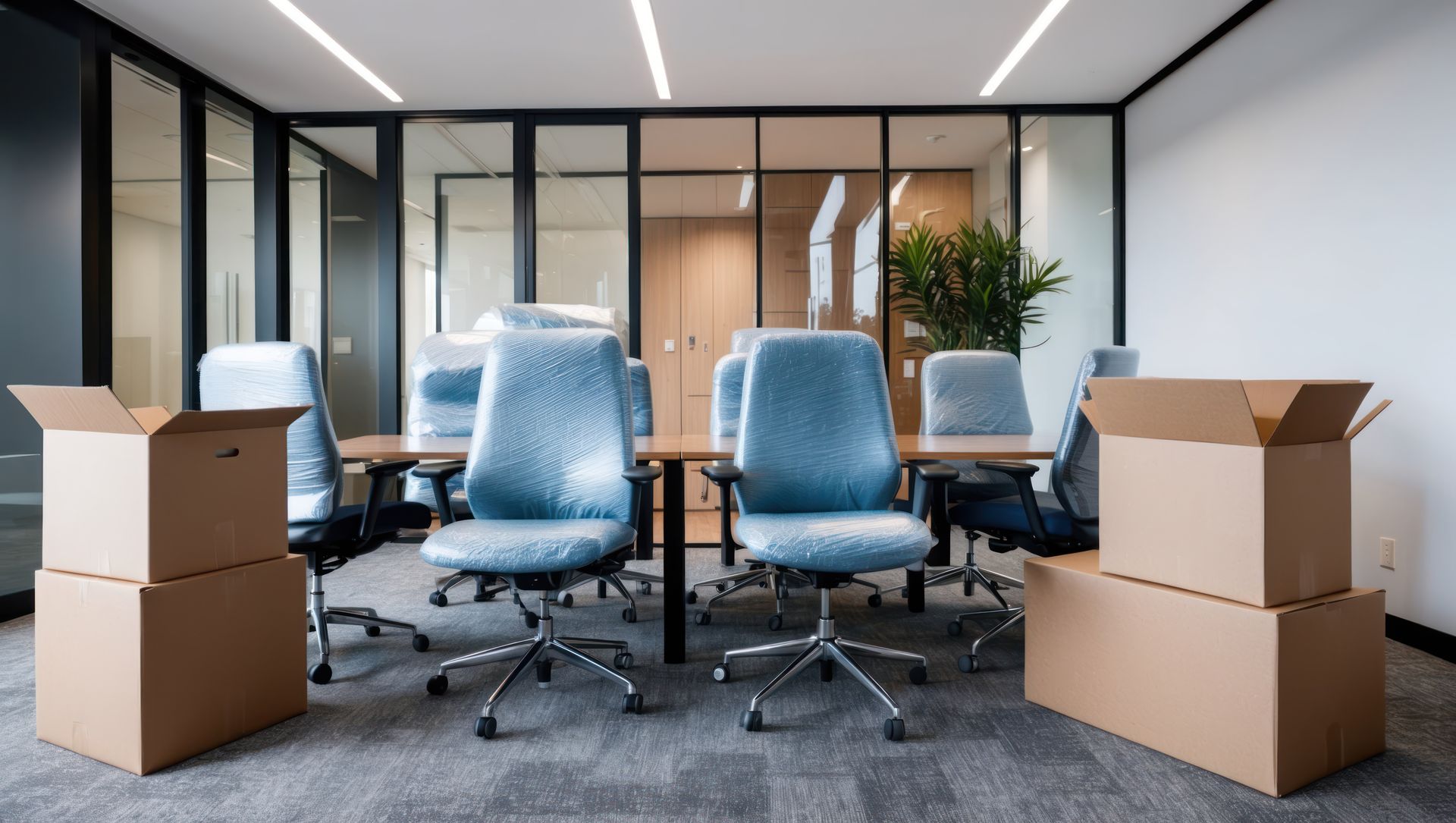 Empty office conference room with a table, chairs wrapped in plastic, and stacked cardboard moving boxes.