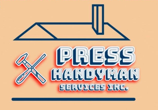 Logo for Press Handyman Services Inc., featuring a house outline, crossed tools, and company name in blue and red.