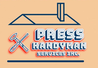 Logo for Press Handyman Services Inc., featuring a house outline, crossed tools, and company name in blue and red.