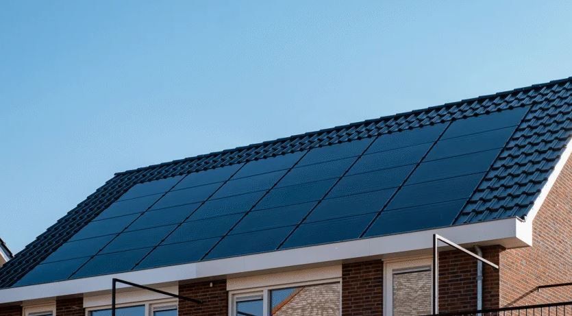 House rooftop covered with dark solar panels under a clear blue sky