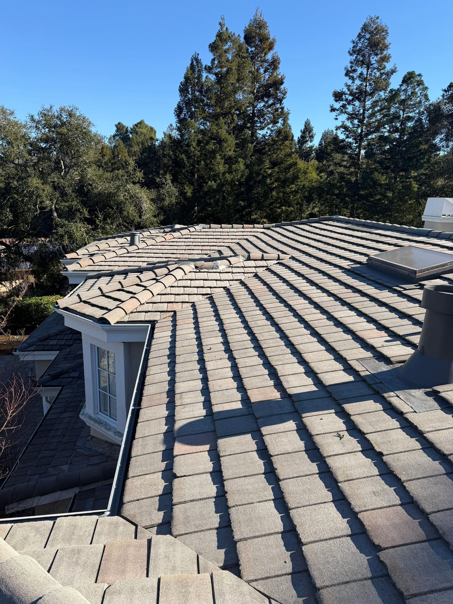 House roof with light gray shingles and skylights, viewed from above with trees in the background