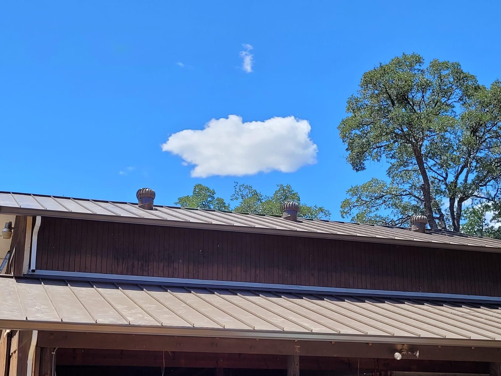 Brown roof with a blue sky, white cloud, and tall green tree behind it