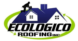 Ecologico Roofing logo with blue roof houses, green circular arrows, and a roofer silhouette