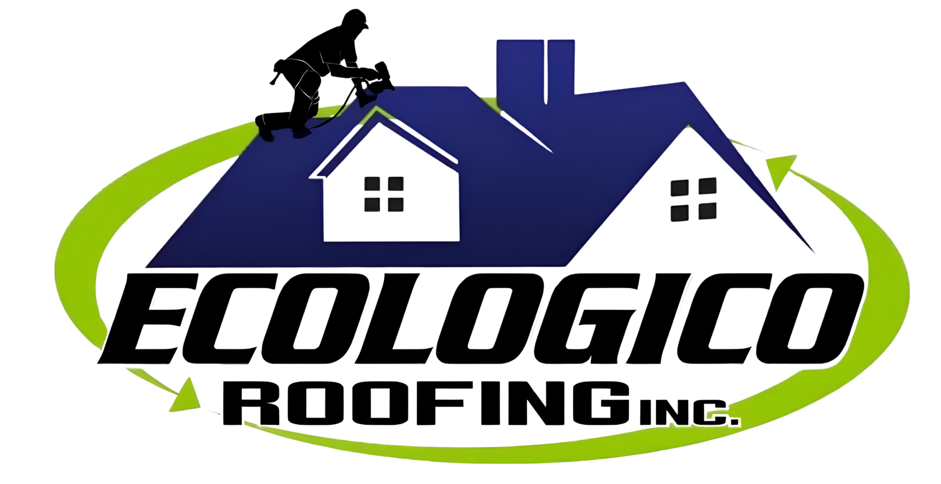 Ecológico Roofing Inc. logo with blue house roofs, a climber silhouette, and green circular arrows