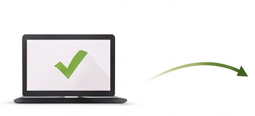 Stackright Stackrite Self Storage Laptop screen with green checkmark and a curved green arrow pointing right