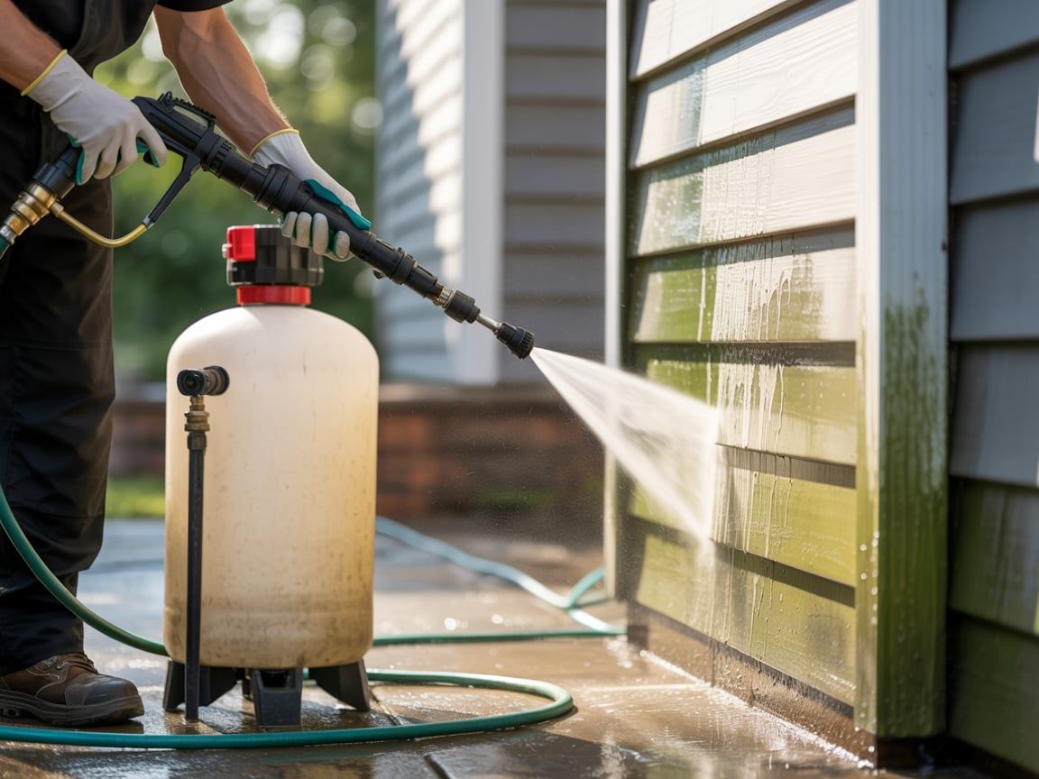 Man pressure washing a wall, spraying water. White tank, green hose, gray siding.