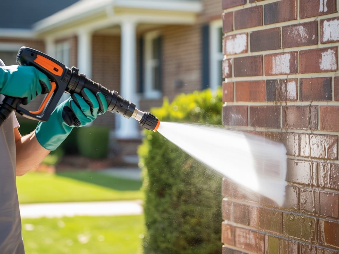 Person wearing gloves pressure washing a brick wall of a house with a spray nozzle.