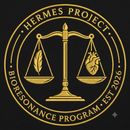 Gold Hermes Project emblem with scales, feather, heart, and circular text on a black background