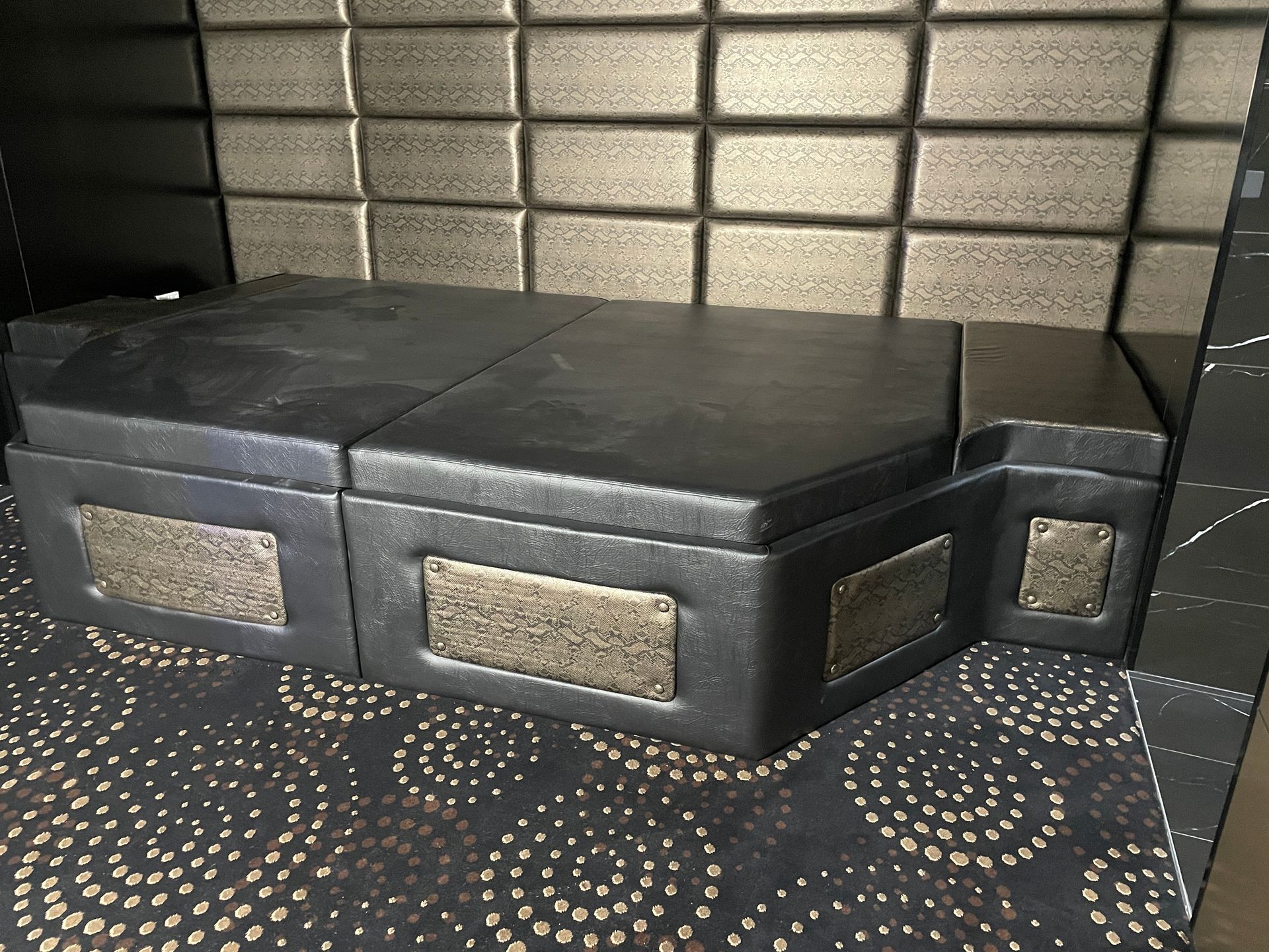 Performers platform kicker and cushion manufacture in black vinyl and croc skin insert