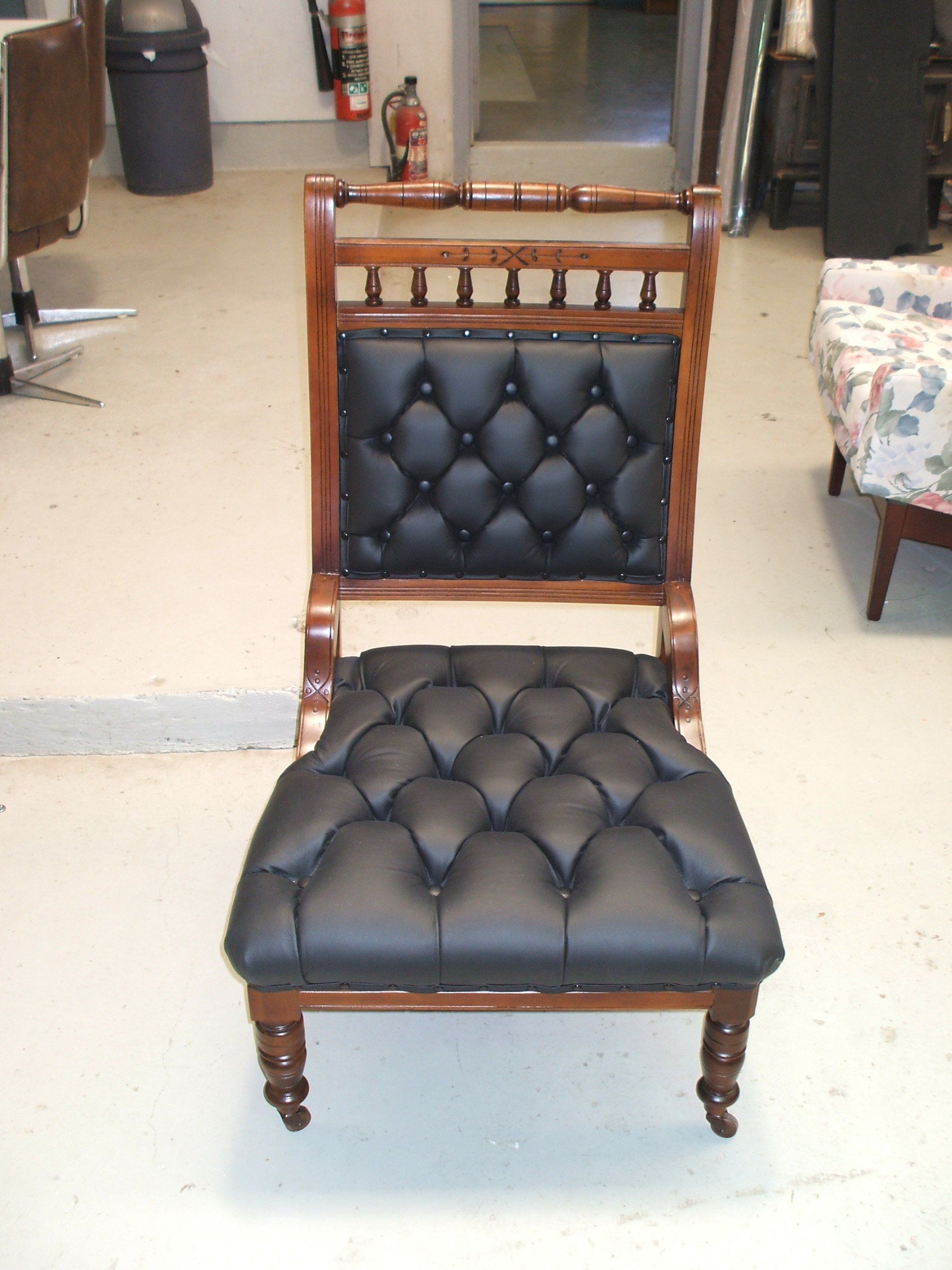Antique Dining Chair with Leather Diamond Buttoned Base and Back