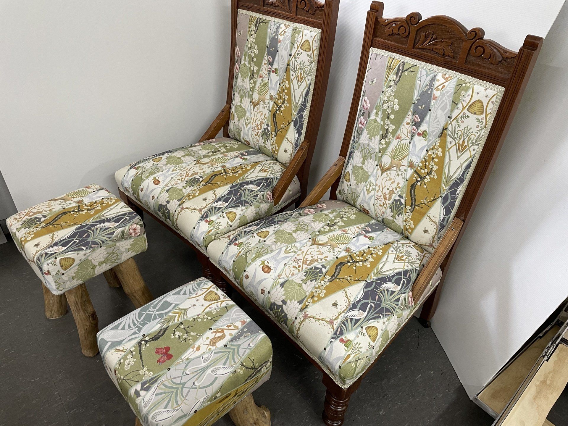 Antique dining chairs with foot stools