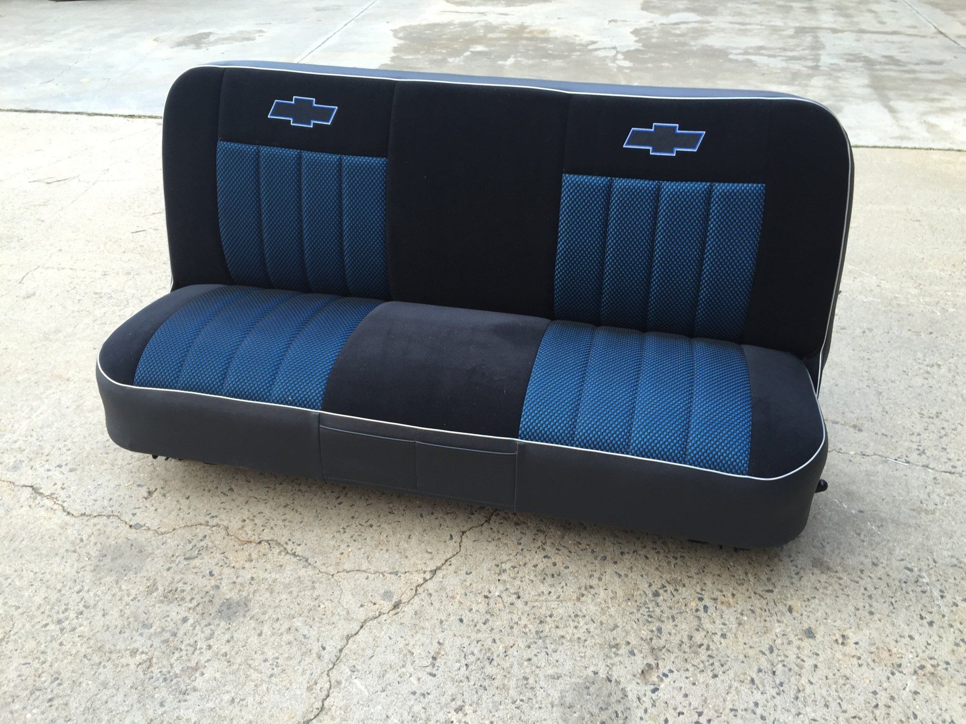 Custom Chevy bench seat black and blue velour
