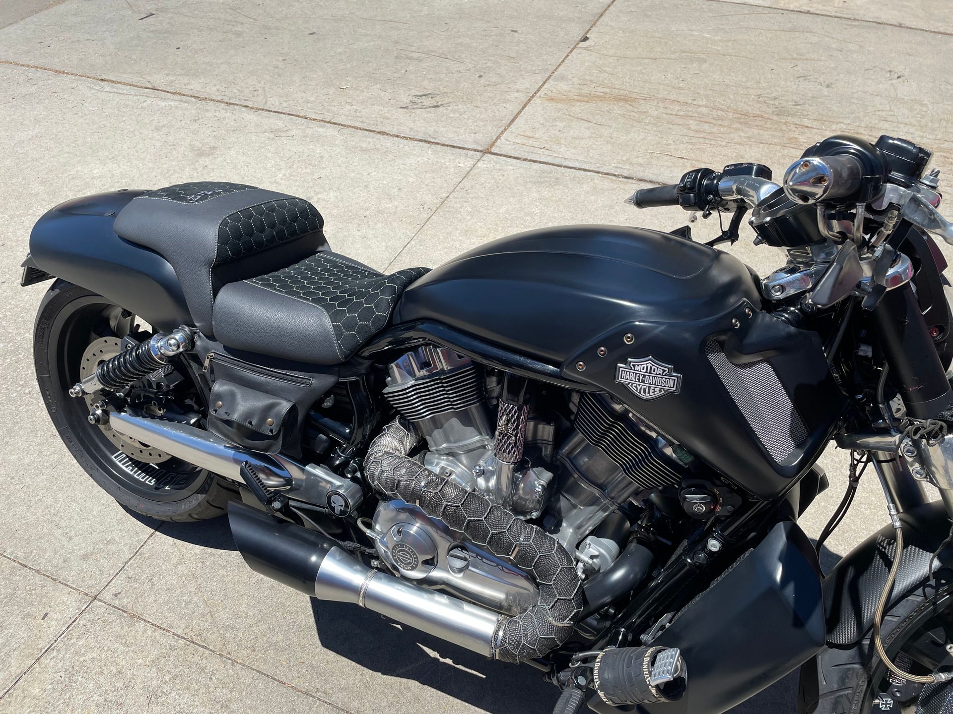 Custom Harley Davidson motorbike seat honeycomb suede and black vinyl