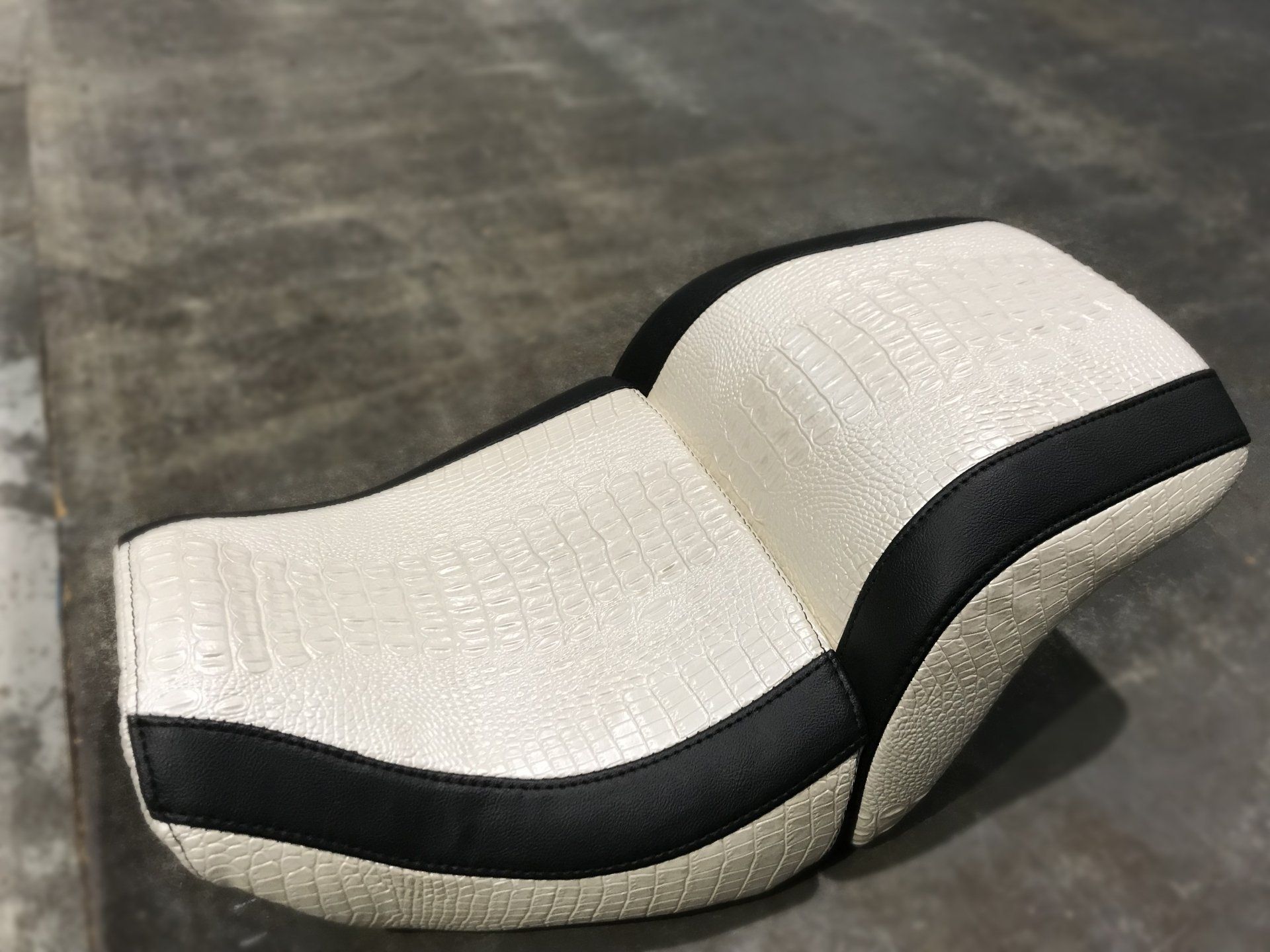 Custom white croc skin two piece Harley motorbike seat