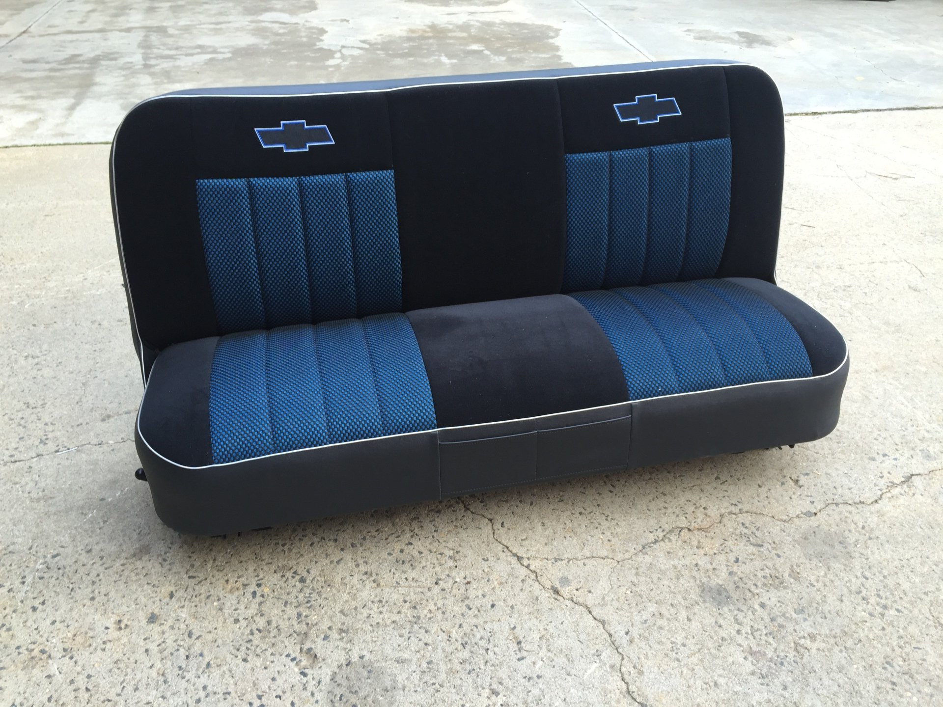 Custom Chevy Bench Seat Black and Blue Velour