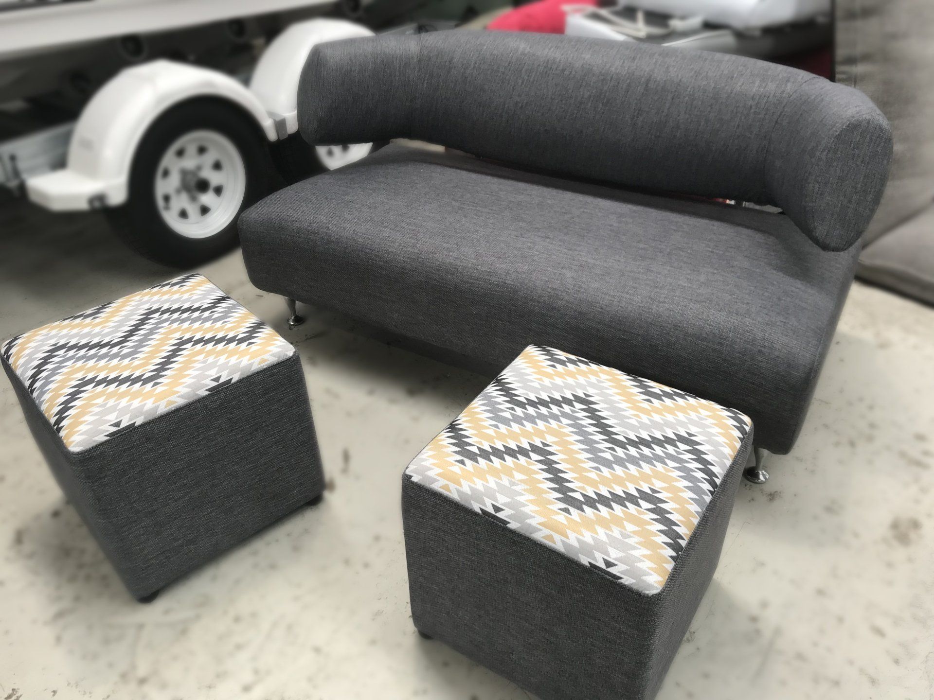 Designer twin sofa with ottomans