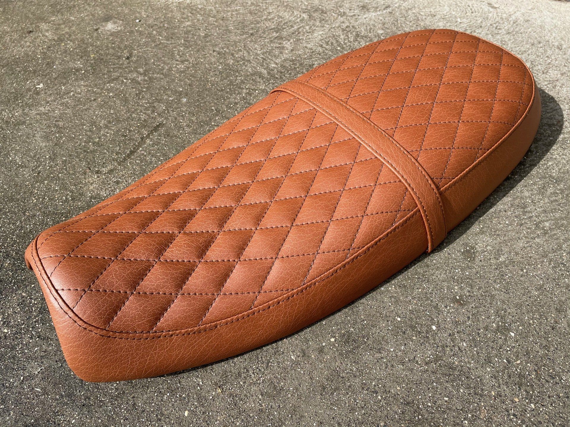 Diamond stitched tan custom motorbike seat