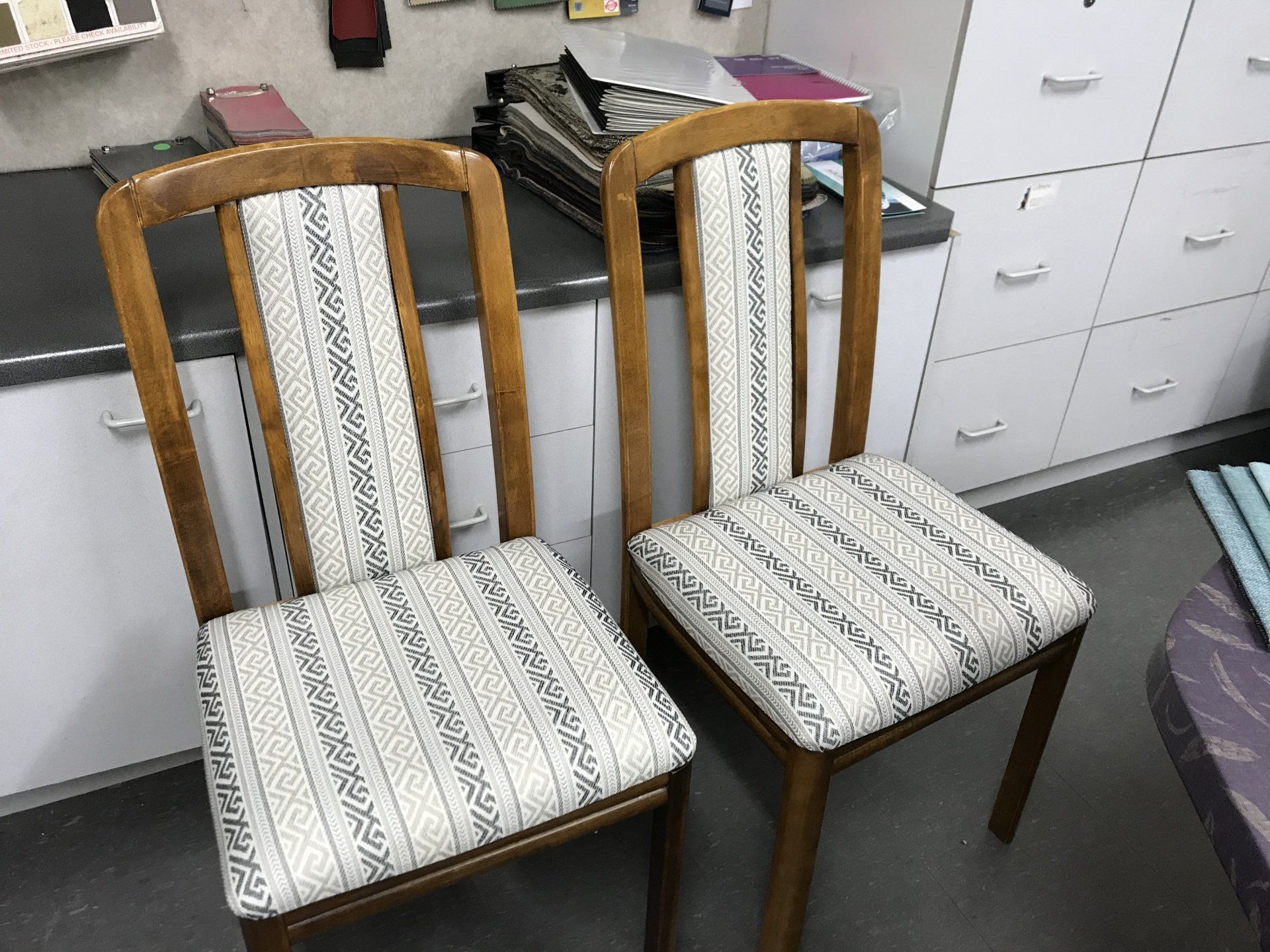 Fabric covered antique dining chairs