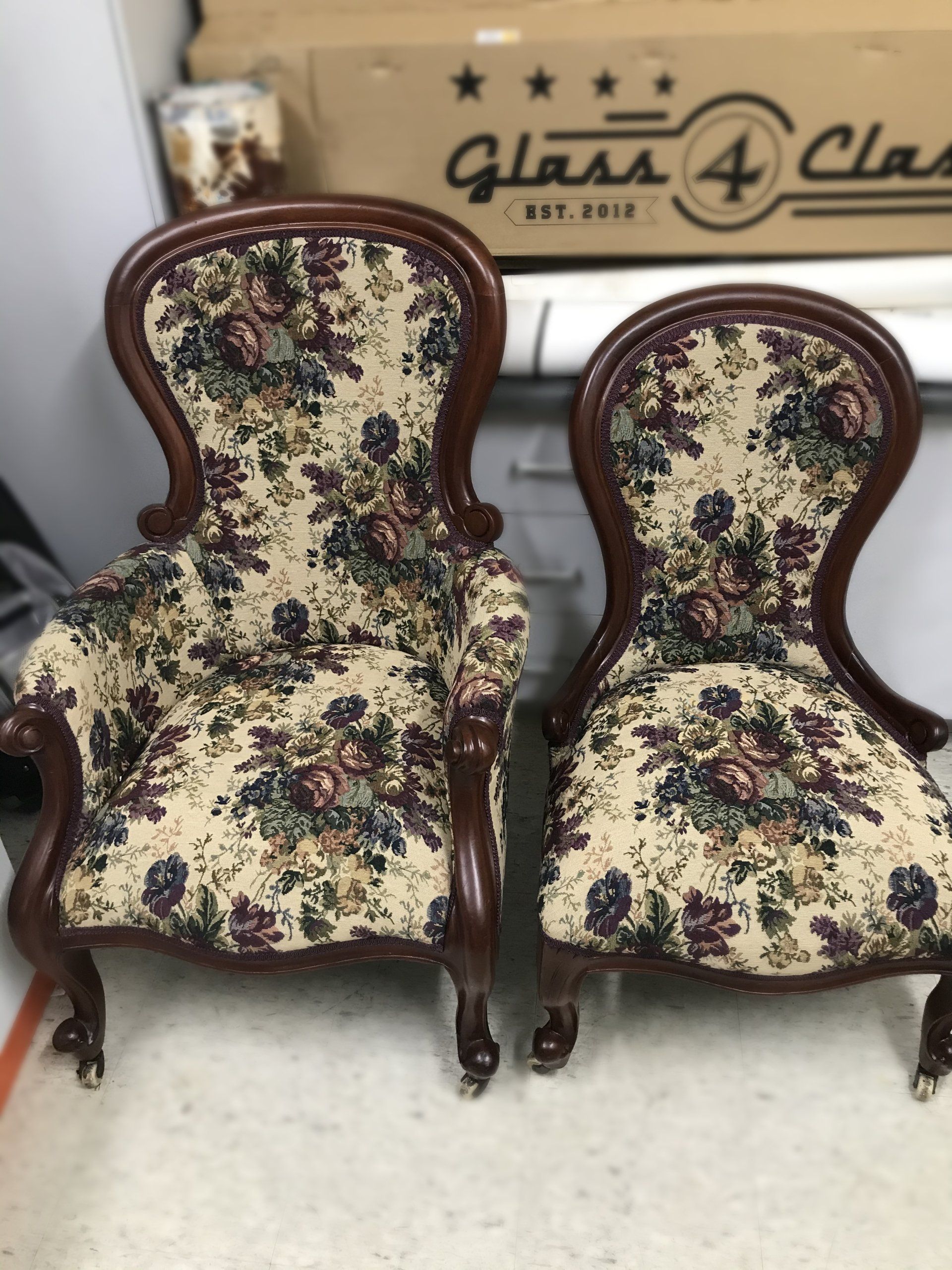 Fully restored antique his and her chairs with floral tapestry