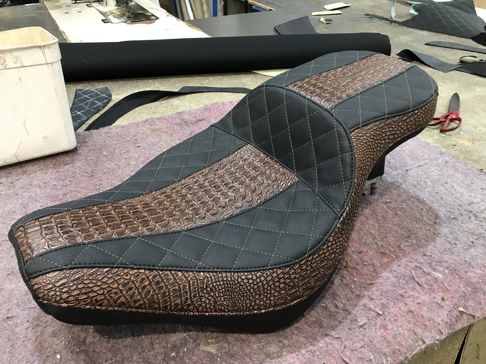 Harley Davidson seat black cross stitched with brown croc skin