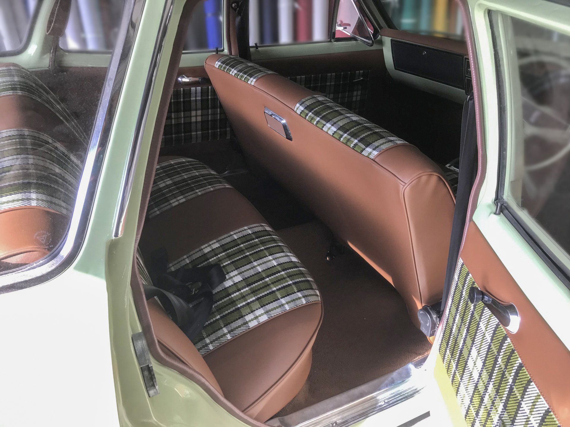 HT Holden Kingswood wagon brown vinyl with green tartan rear bench seat