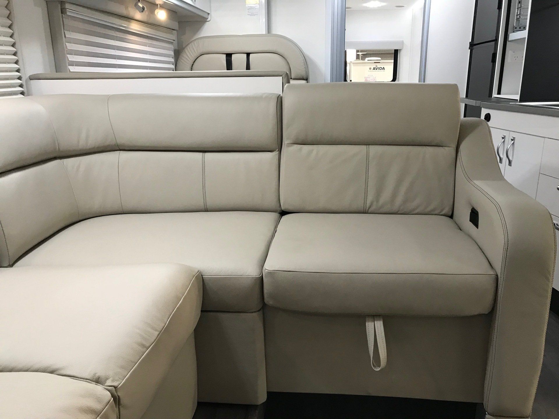 Motorhome lounge in cream leather