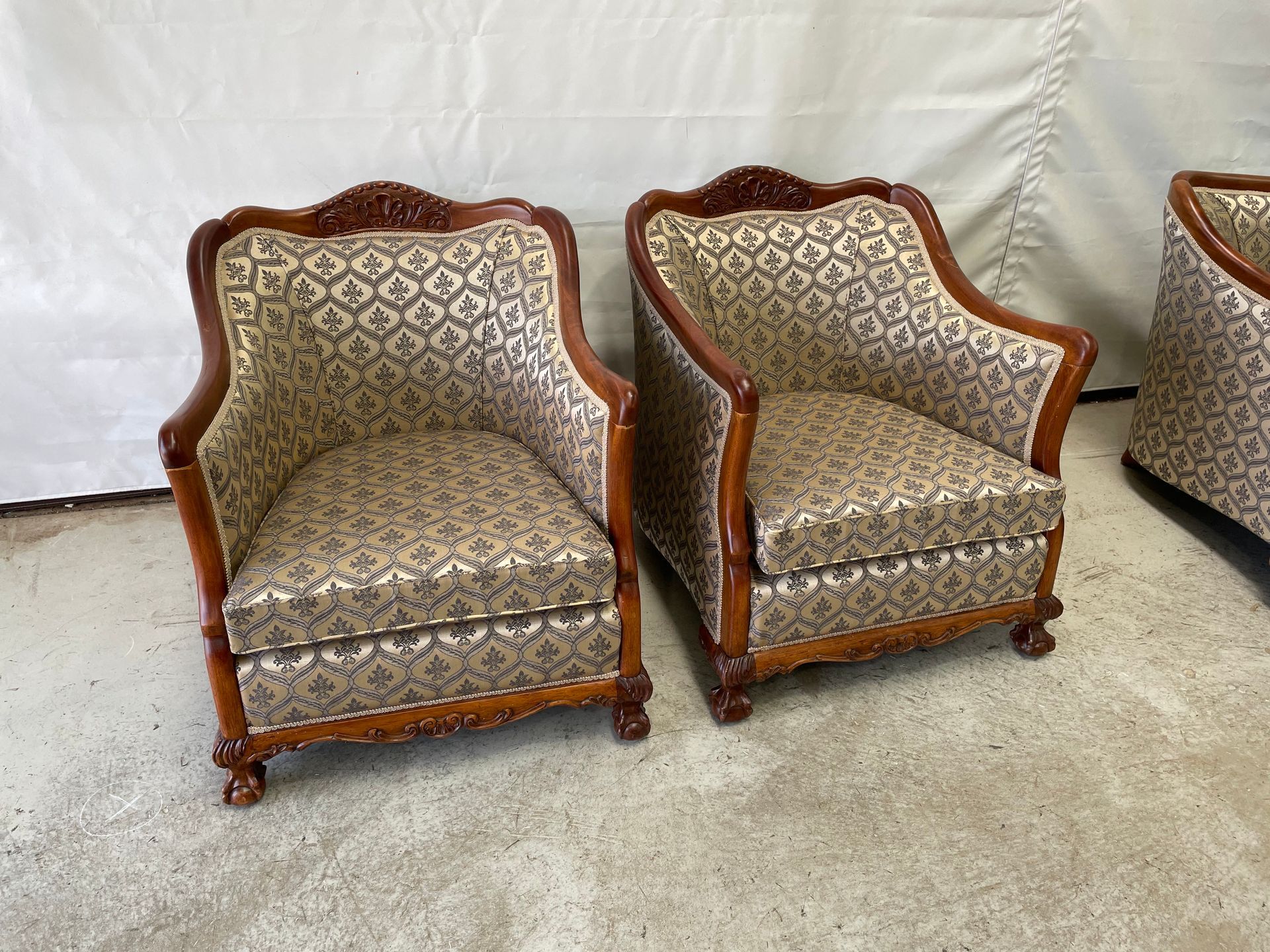 Polished timber 3 piece antique lounge set - single chairs