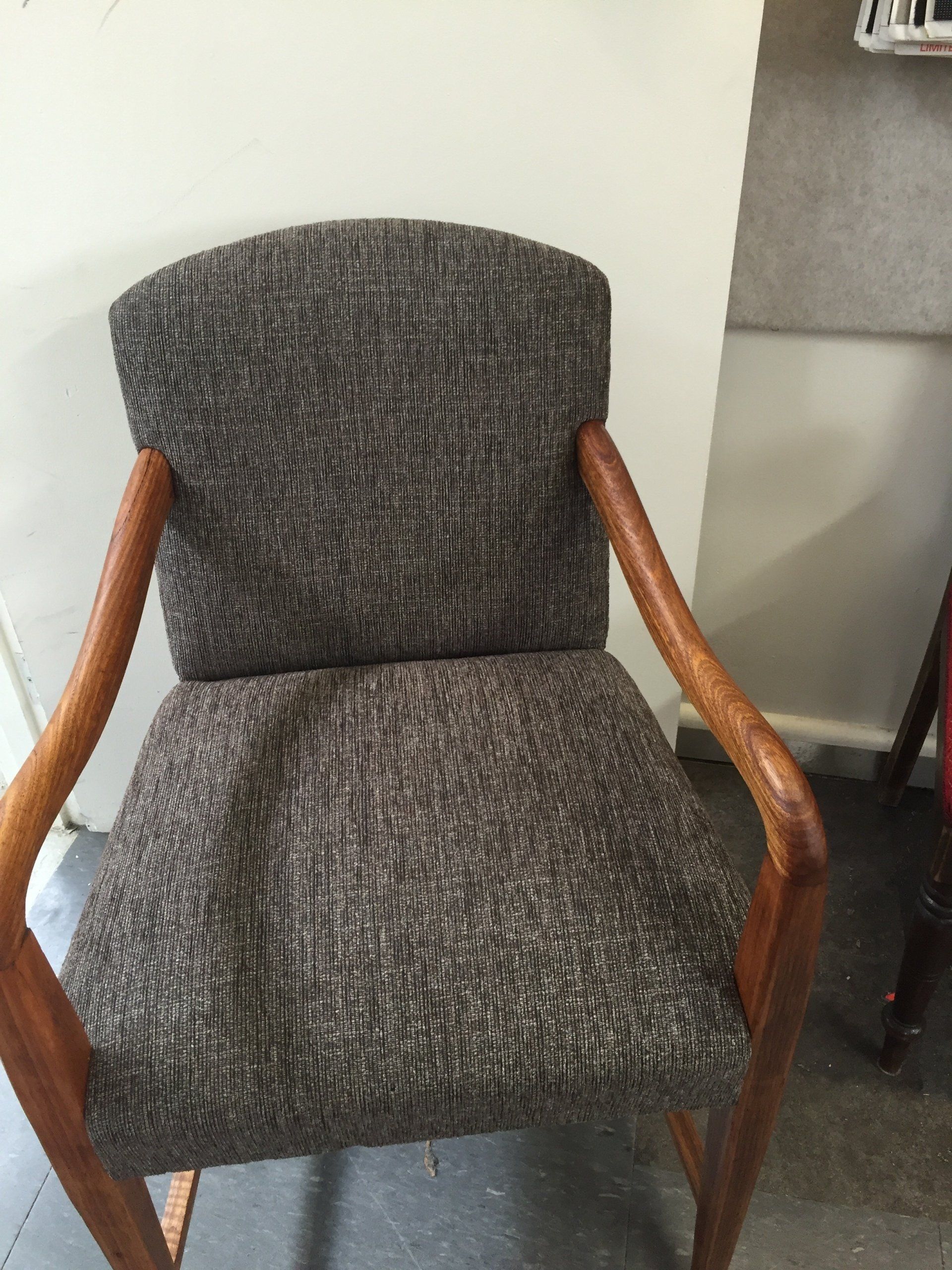 Restored timber chair with brown fabric