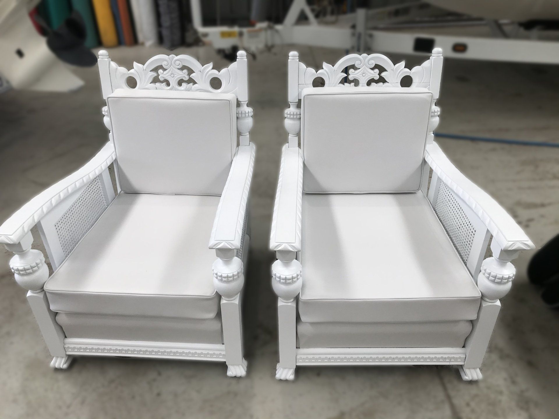 Restored white antique single lounge chairs