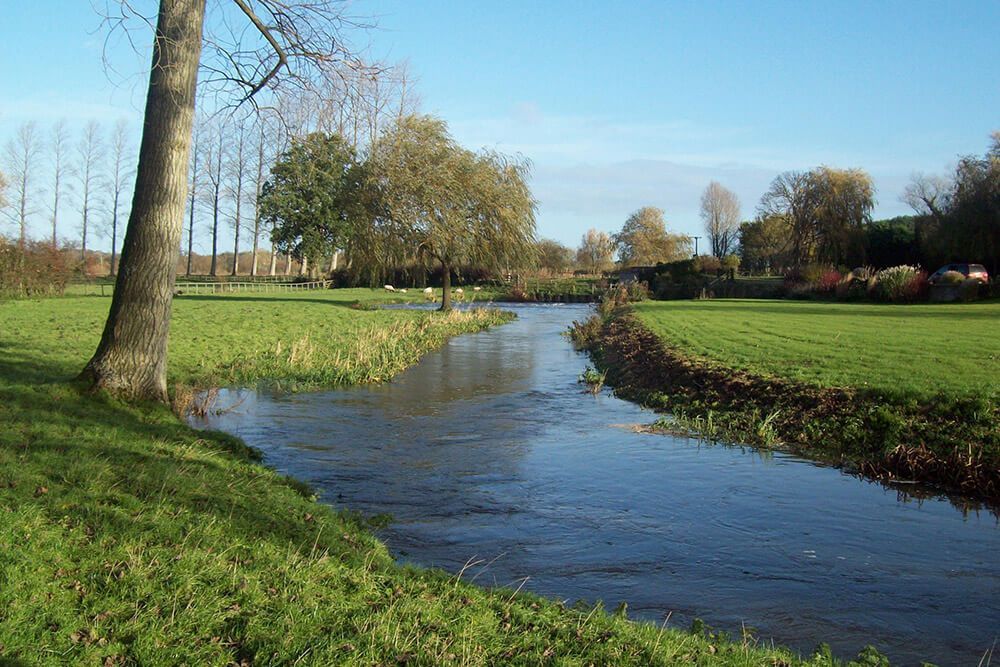 A peaceful river flows through a green field under a clear blue sky. Trees line the banks.