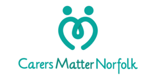 Logo of Carers Matter Norfolk, with two teal figures forming a heart shape, and text below.