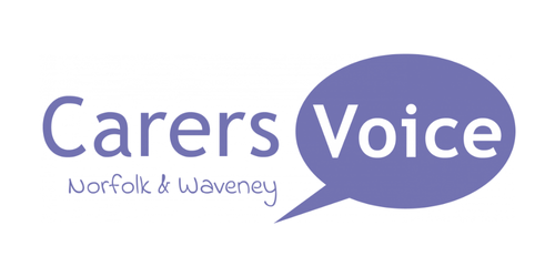 Logo for Carers Voice Norfolk & Waveney, featuring text and a speech bubble graphic.