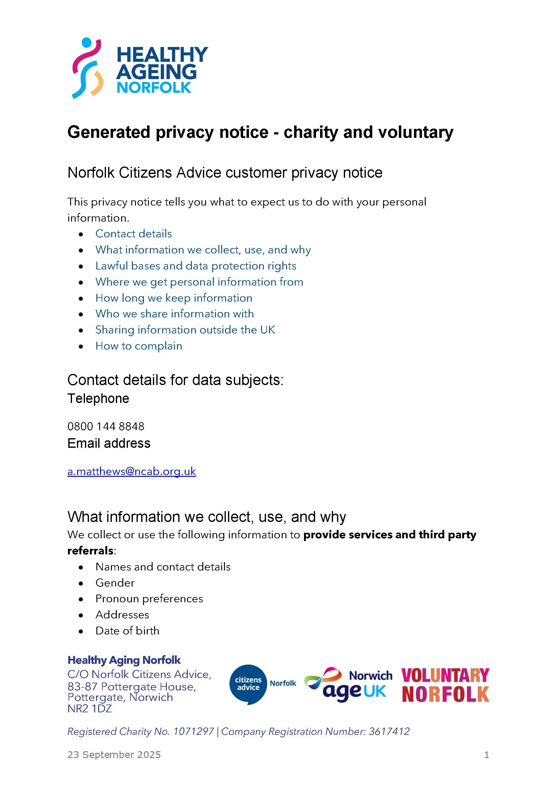 Privacy notice from Healthy Ageing Norfolk, outlining data use practices.