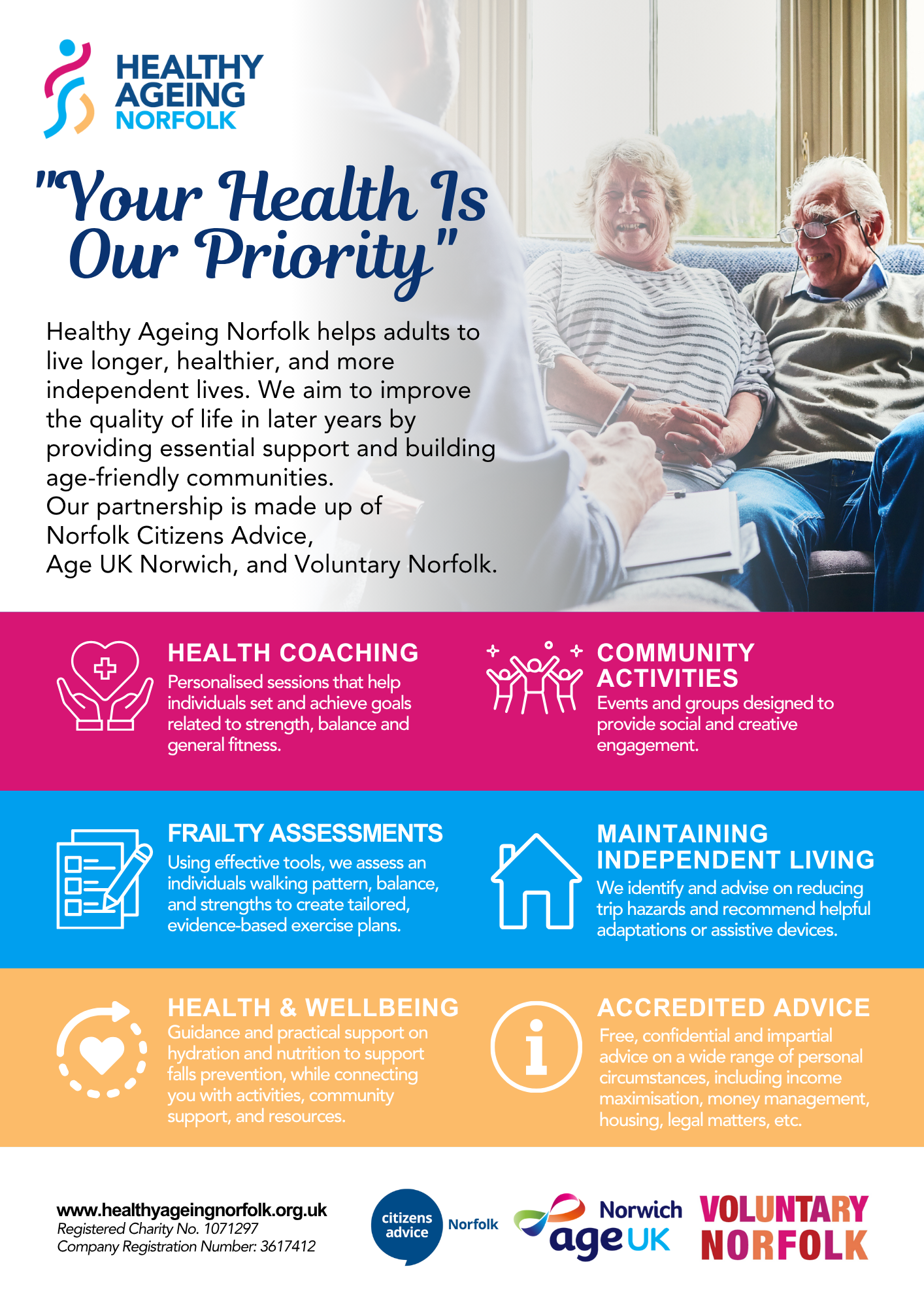 Healthy Ageing Norfolk ad with text and images promoting health services for seniors in Norfolk, UK.