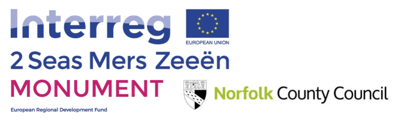 Logos for Interreg, Monument, and Norfolk County Council, with the European Union flag.