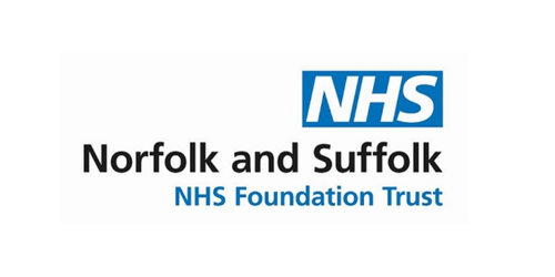 Logo for Norfolk and Suffolk NHS Foundation Trust. White background, blue NHS box, black text.