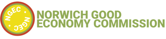 Logo for the Norwich Good Economy Commission: a yellow circle with the acronym 