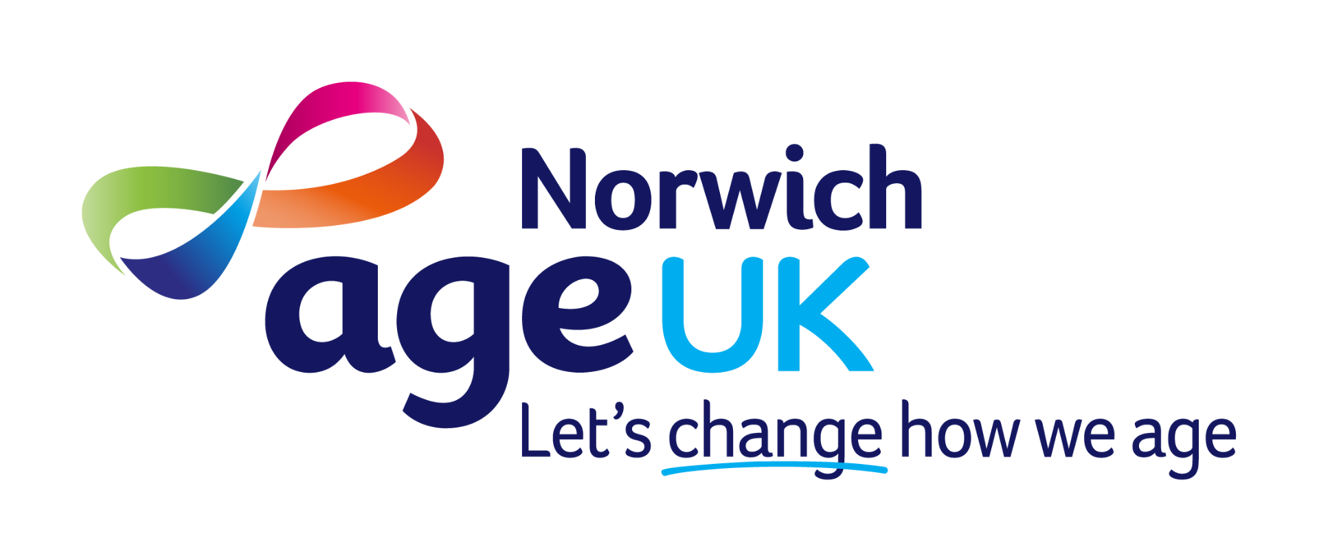 Logo for Norwich Age UK. Features an infinity symbol in colours, and text: Norwich age UK. 