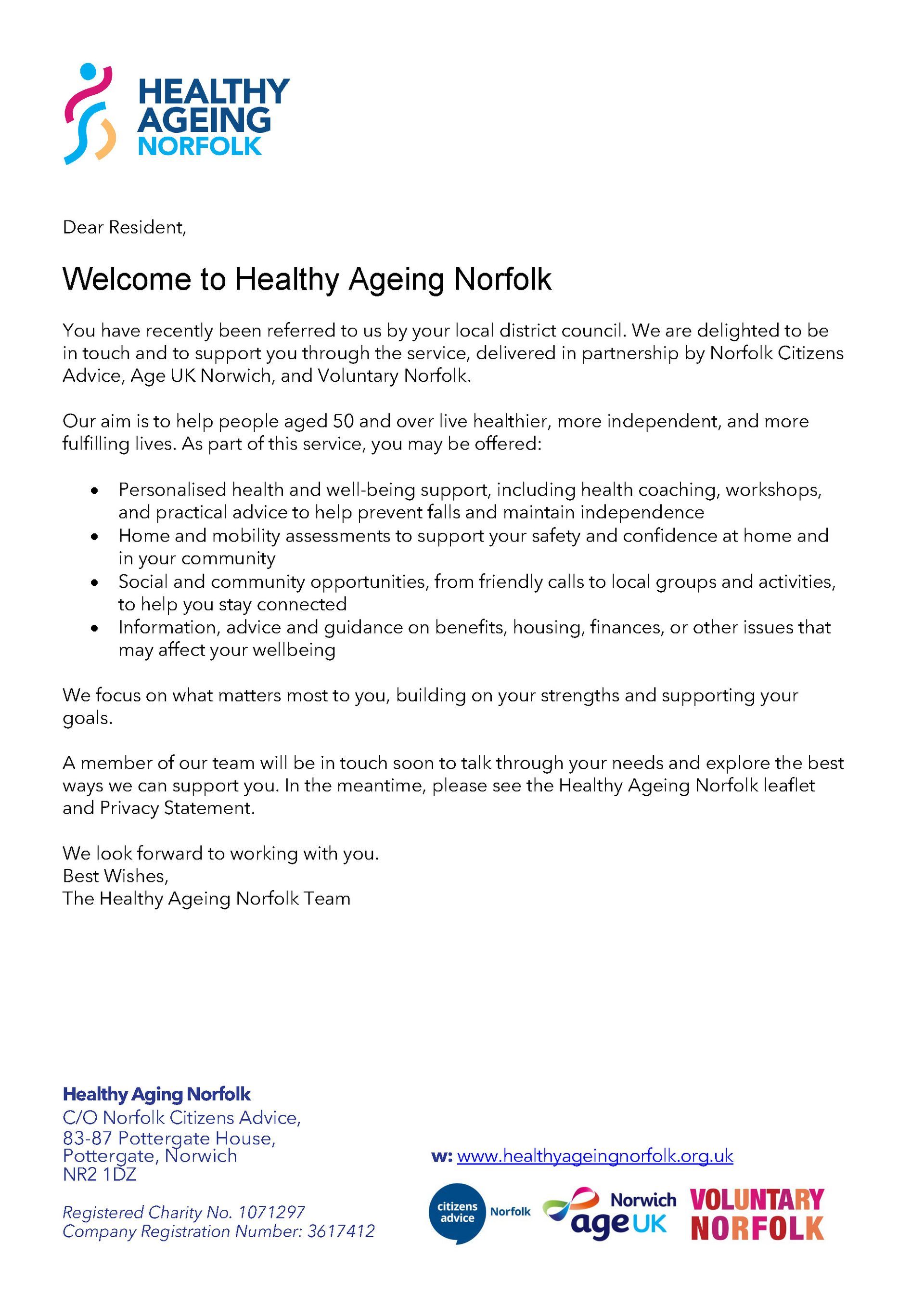 A letter from Healthy Ageing Norfolk welcoming a new member and outlining services.