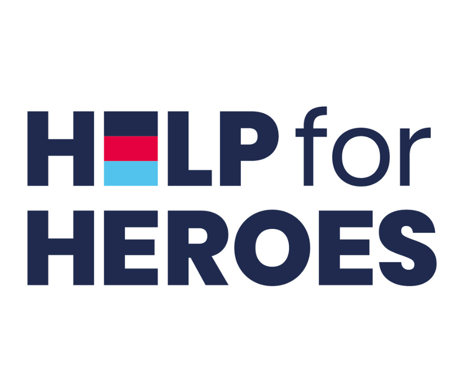 Logo for Help for Heroes charity; dark blue text, stylized 