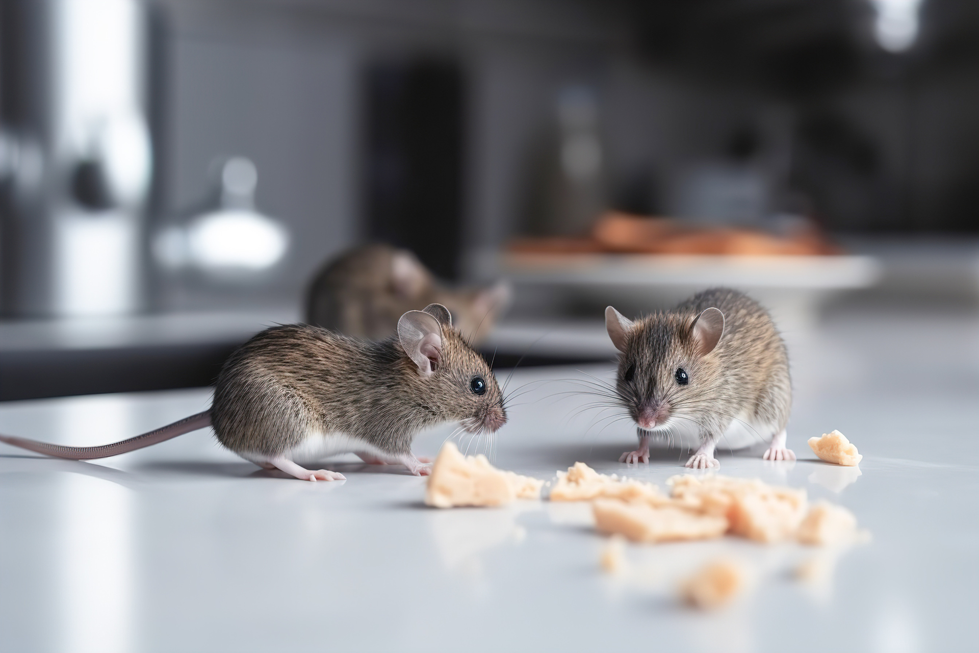 Three mice are eating cheese on a kitchen counter.