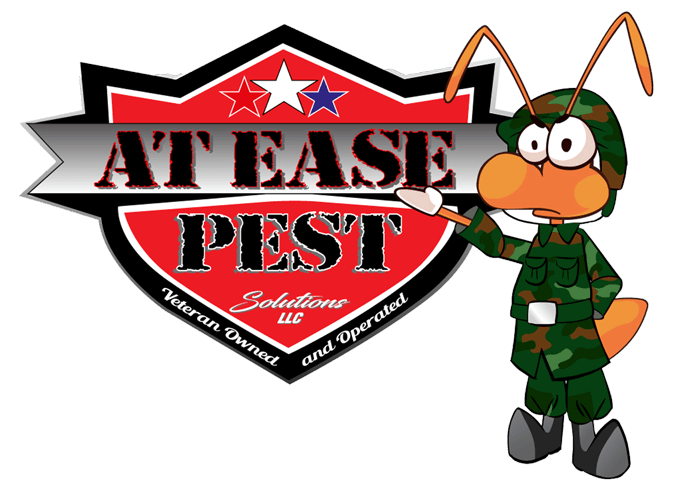 a logo for at ease pest with an ant in a military uniform