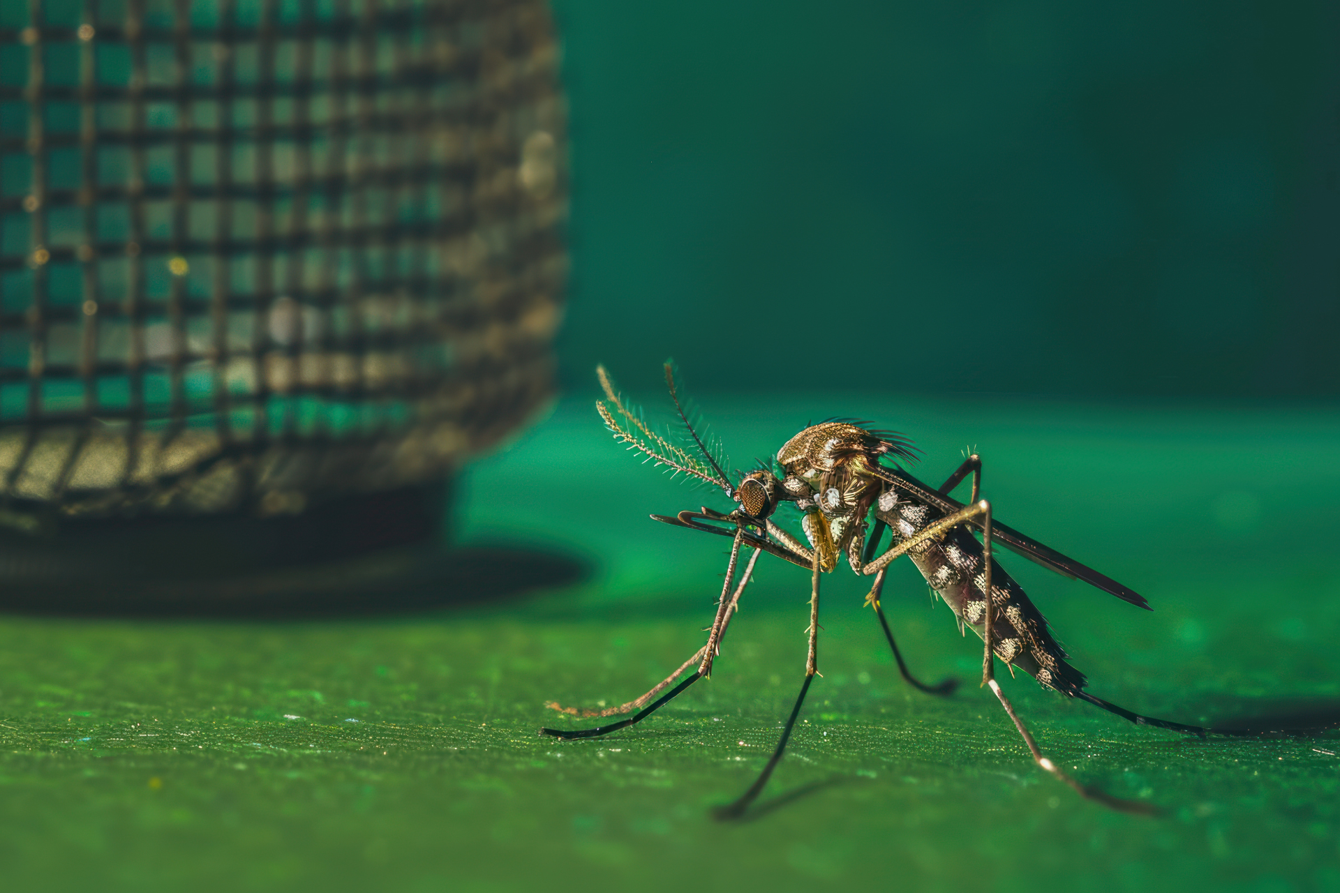 A mosquito is standing on a green surface in front of a cage.