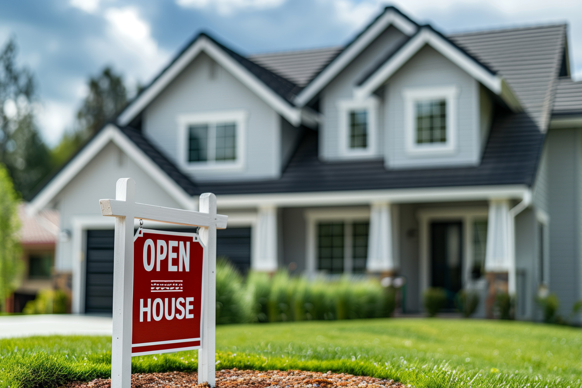 An open house sign is in front of a house.