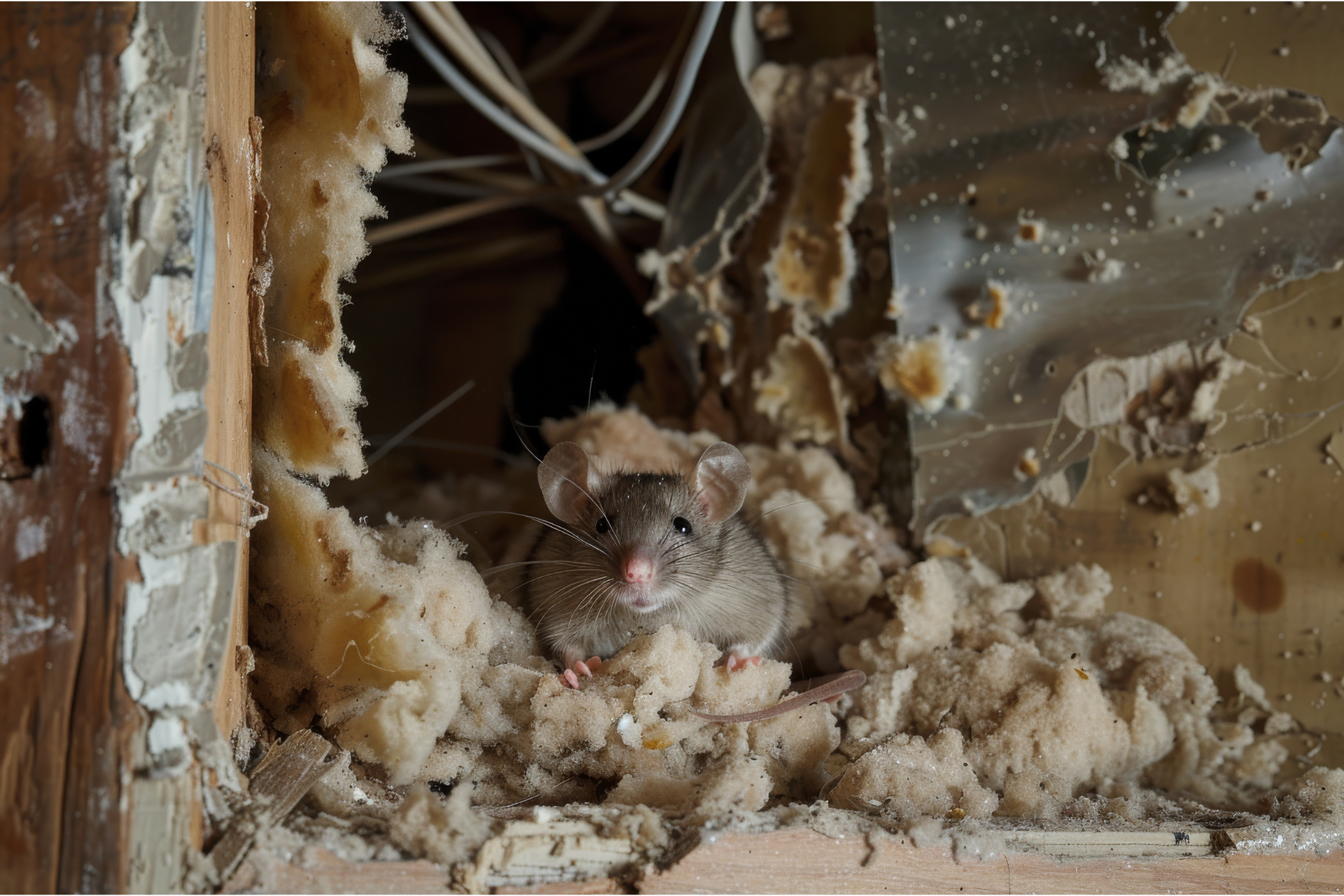 A mouse is looking out of a hole in a wall