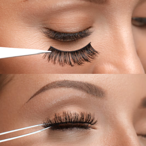 A close up of a woman 's eye with false eyelashes being applied