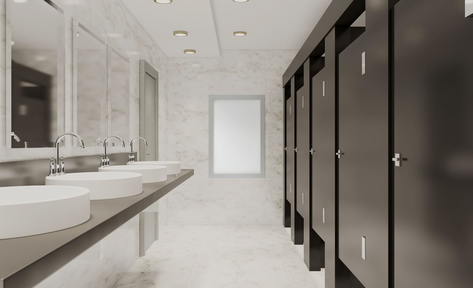 A public restroom with a row of sinks and cubicles.