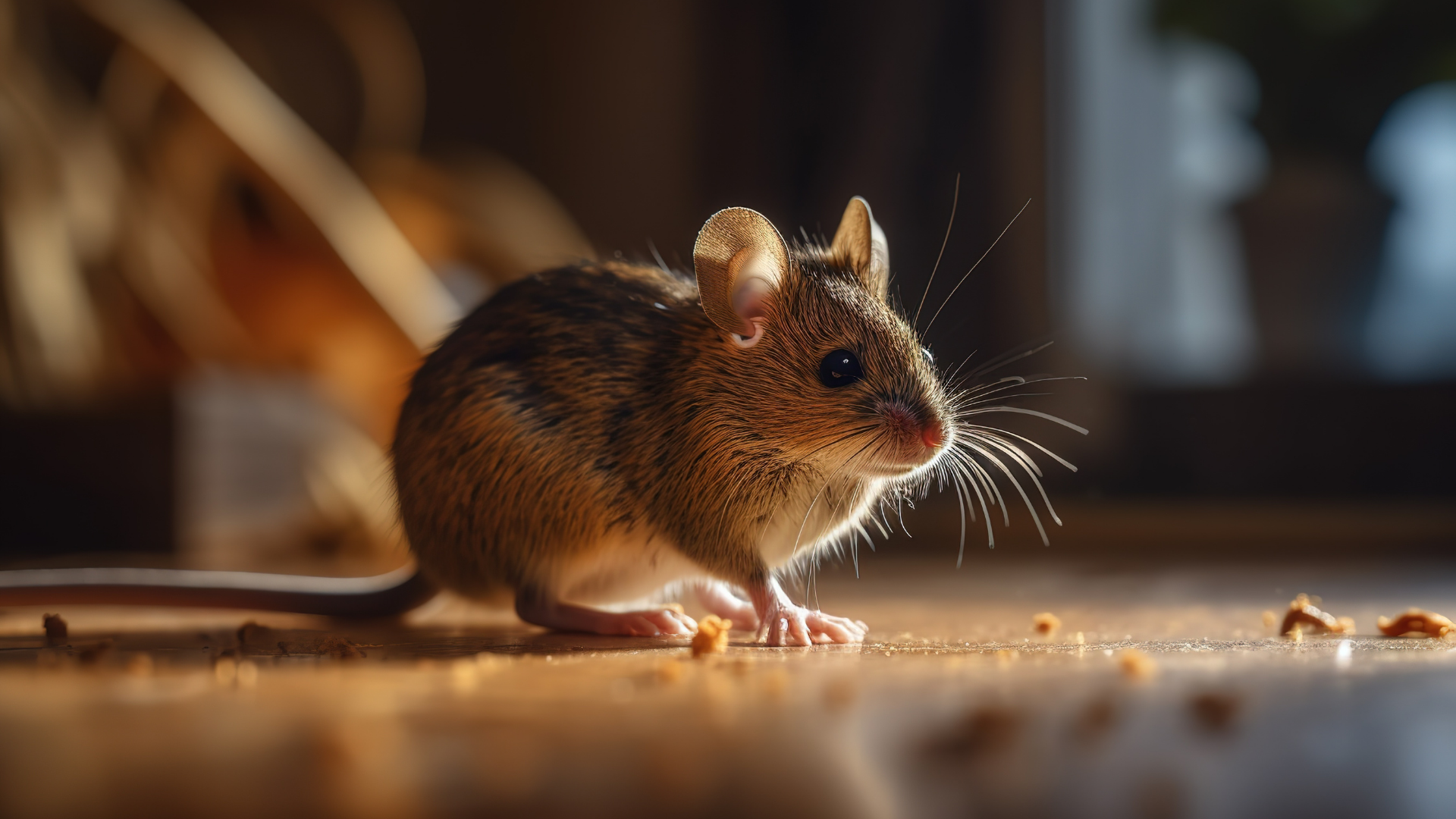 A mouse is sitting on a wooden floor looking at the camera.